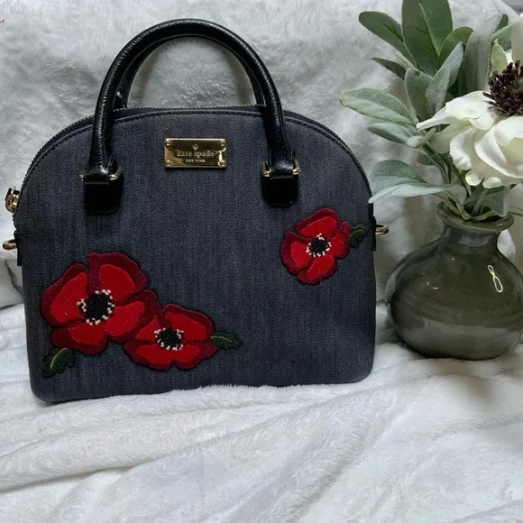 Kate Spade Denim Satchel with Red Floral Design - Picture 1 of 5